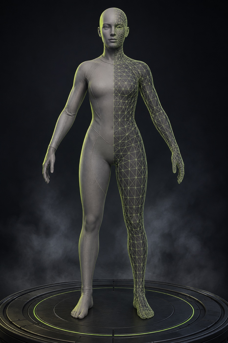3D avatar transitioning into wireframe mesh